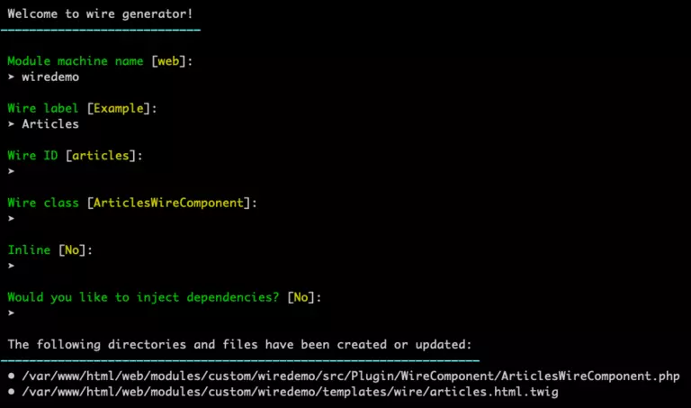 "drush generate wire" cli command